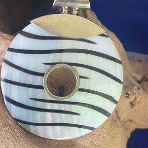 NEW large 59mm Zebra mop shell .925 Sterling round pendant